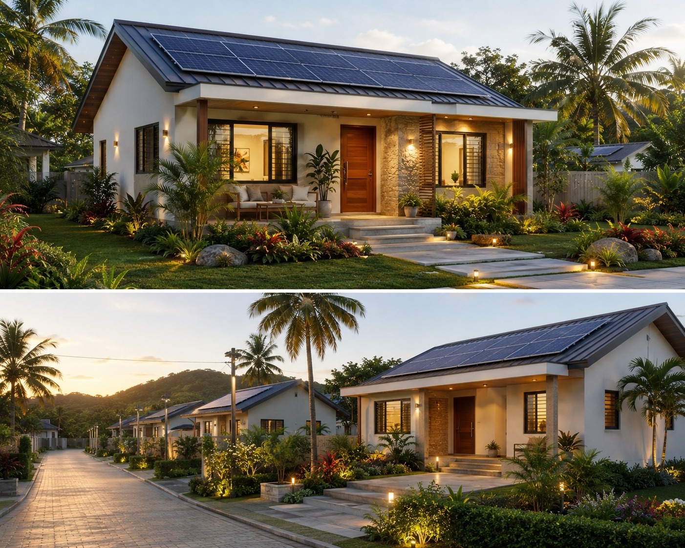 Concept illustrations of solar-equipped homes with shaded terraces
